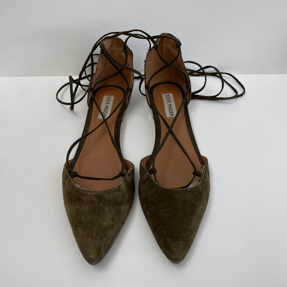 Olive green suede lace up pointed toe ballerina flats